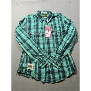 Denim Junkie Button Up Shirt Adult‎ Medium Green Plaid Pocketed Mens